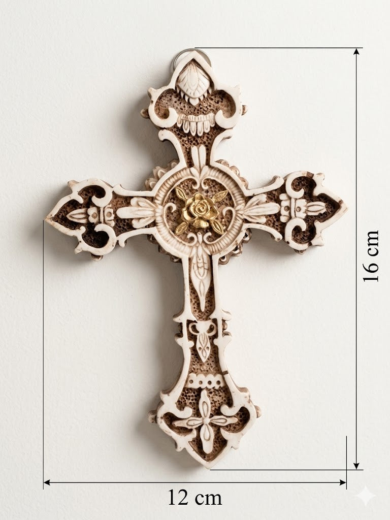 Ornate Carved Ivory Resin Wall Cross with Golden Rose Accent CRS