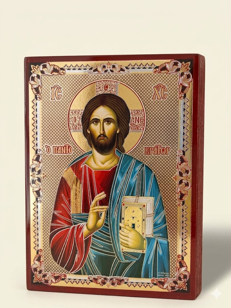 Christ Pantocrator Greek Orthodox Wooden Icon Plaque - Gold Foil Finish ICN