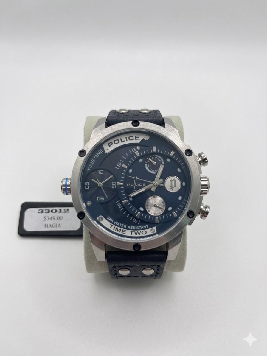 Police Hagia Dual-Time Zone Watch – Navy Blue Dial & Riveted Leather Strap WCH