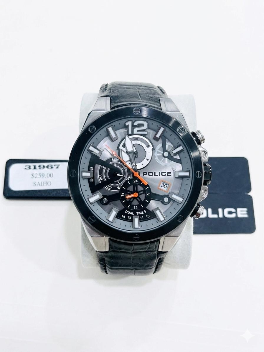 Police Saiho Dual-Time Sports Watch – Gray Mechanical Dial & Black Leather Strap WCH
