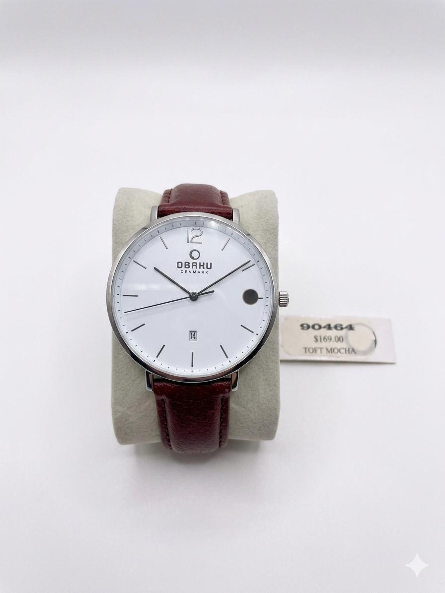 Obaku Toft Mocha Slim Watch – White Minimalist Dial & Red-Brown Leather Strap WCH