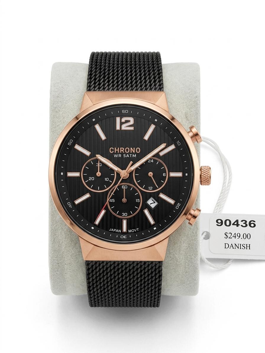 Danish Chrono Rose Gold Watch – Black Textured Dial & Mesh Strap  WCH