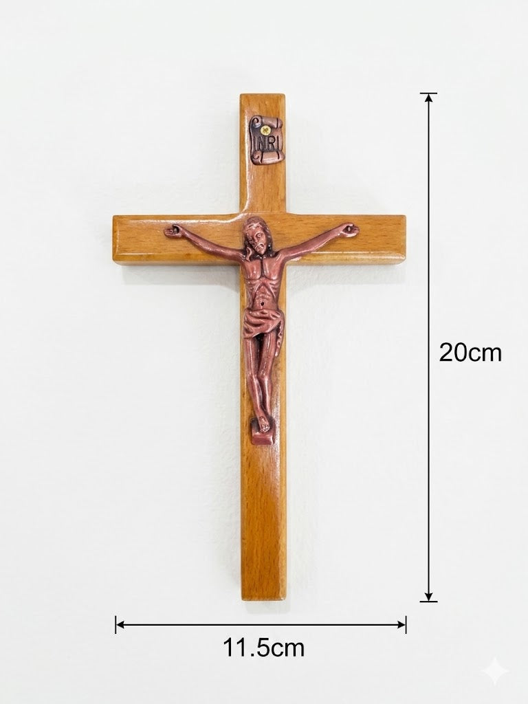 Polished Wood Wall Crucifix with Copper Tone Metal Jesus Christ Figure CRS