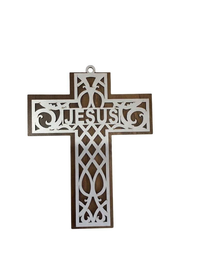 Filigree Cutout Wooden Wall Cross with "JESUS" Center (24 cm x 18.5 cm) CRS