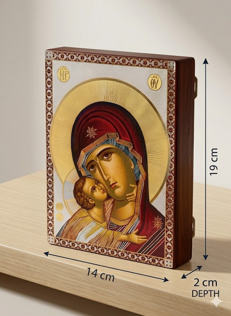 Virgin Mary and Child Jesus Greek Orthodox Wooden Icon Plaque - Gold Foil Finish ICN