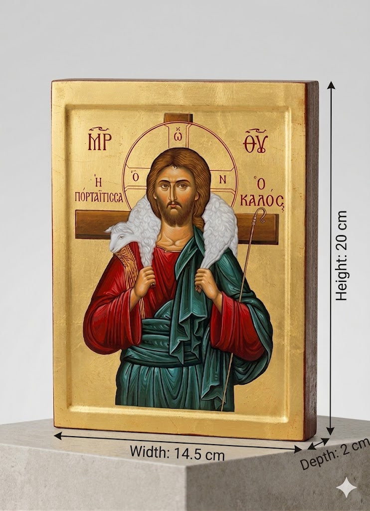 The Good Shepherd: Traditional Byzantine Christ Icon on Premium Wood Block ICN