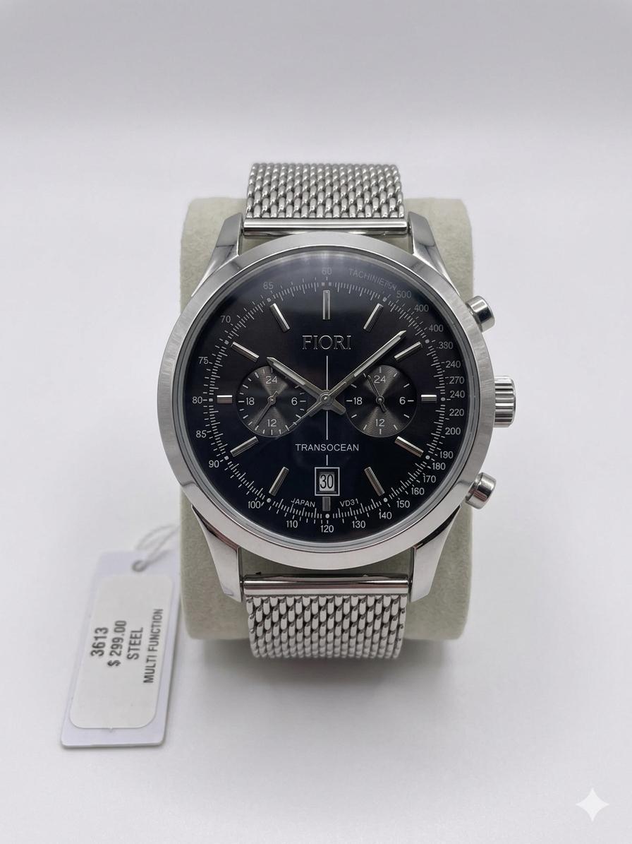 Fiori "Transocean" Men's Multi-Function Watch – Stainless Steel Mesh Bracelet & Black Dial WCH