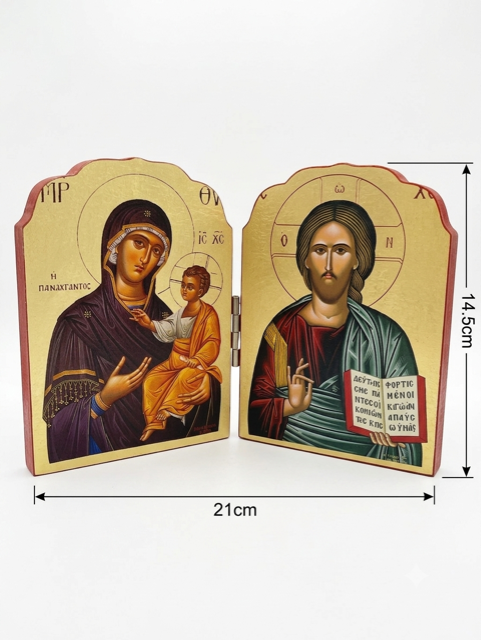 Christ Pantocrator & Virgin Mary Folding Wooden Diptych (14.5 x 21cm) ICN