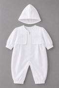 Premium White Infant Baptism Romper Set with Embroidered Matching Hood BPM