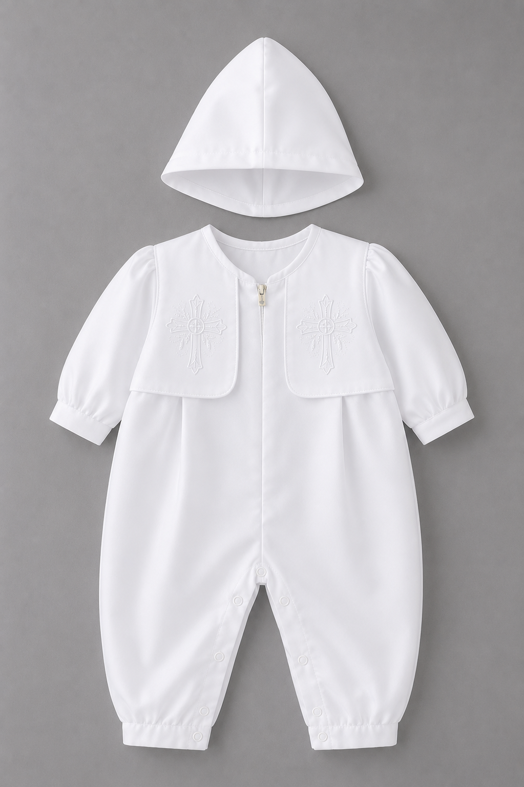 Premium White Infant Baptism Romper Set with Embroidered Matching Hood BPM