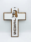 Modern Wooden Wall Cross with Jesus Name (24 cm x 18.5 cm) CRS