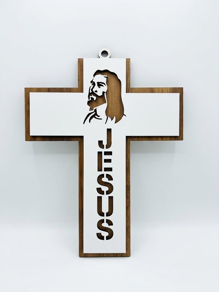 Modern Wooden Wall Cross with Jesus Name (24 cm x 18.5 cm) CRS