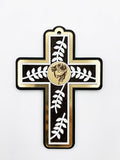 Modern Layered Wooden Cross with Christ Medallion & Olive Branch Details (22.5 cm x 16 cm) CRS
