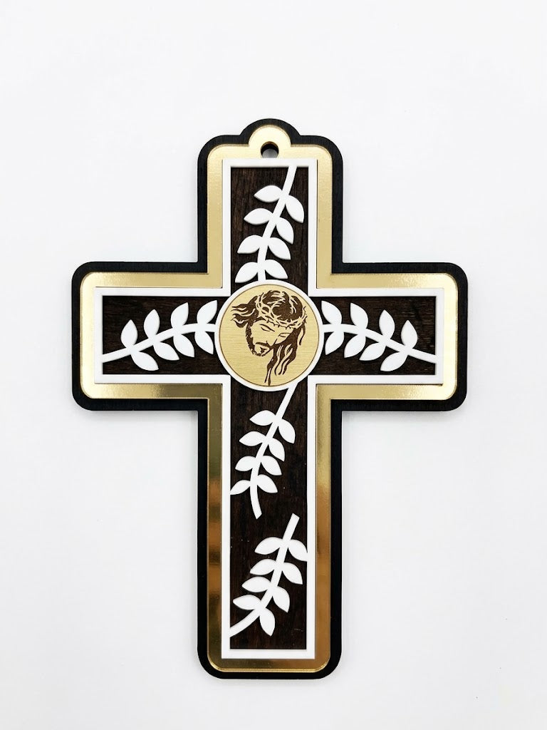 Modern Layered Wooden Cross with Christ Medallion & Olive Branch Details (22.5 cm x 16 cm) CRS
