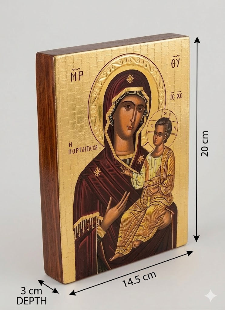 Classic Greek Style Virgin Mary Portaitissa Wood Icon with Textured Gold Backdrop ICN