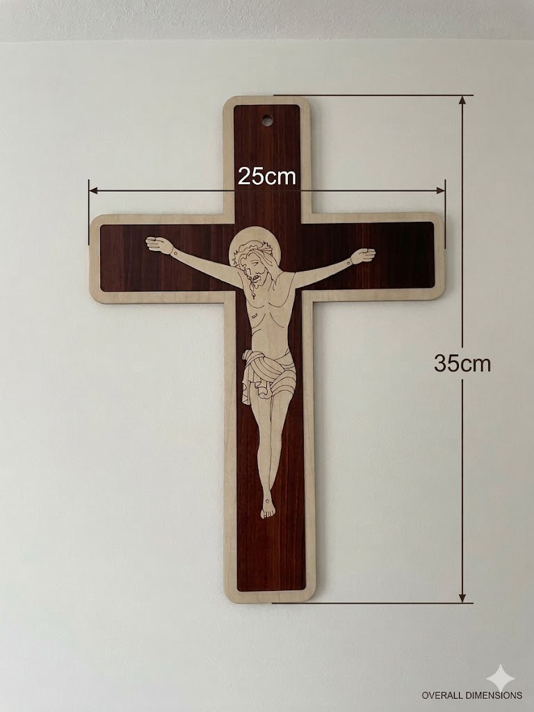 Dual-Layer Hardwood Wall Crucifix with Outlined Corpus CRS