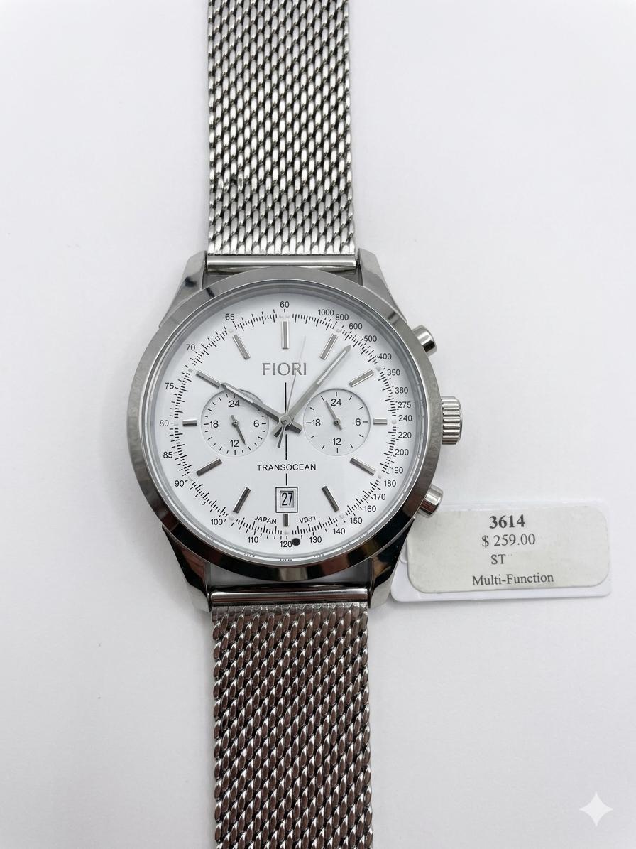 Fiori "Transocean" Men's Multi-Function Watch – Stainless Steel Mesh Bracelet & White Dial WCH