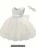 Premium White Infant Baptism Dress Set – Floral Lace Tutu Dress with Matching Headband BPM