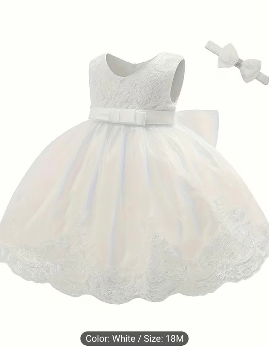 Premium White Infant Baptism Dress Set – Floral Lace Tutu Dress with Matching Headband BPM