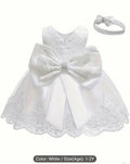 Premium White Infant Baptism Dress with Statement Back Bow & Headband Set BPM