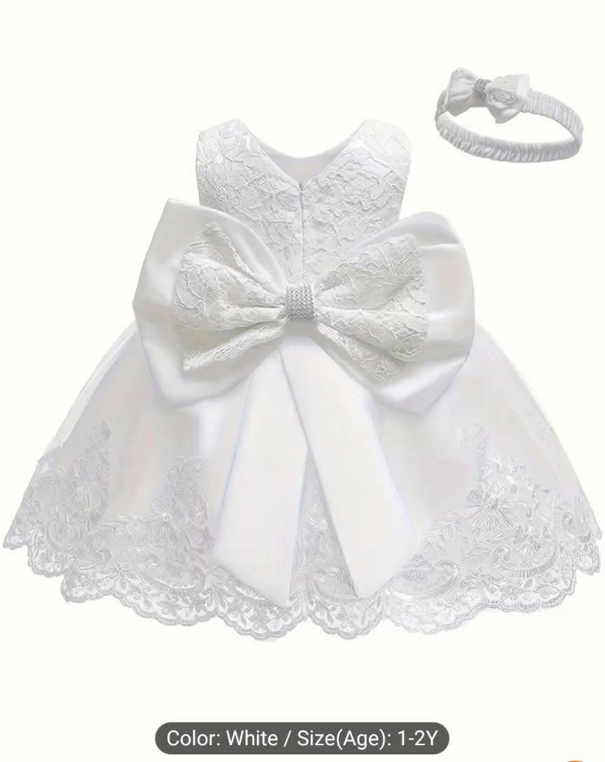 Premium White Infant Baptism Dress with Statement Back Bow & Headband Set BPM