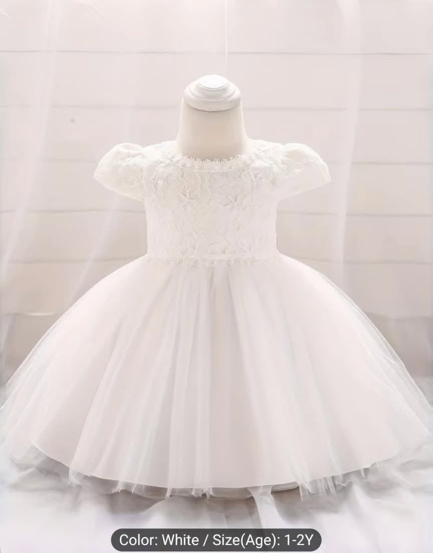 Premium White Toddler Baptism Dress – Lace Cap-Sleeve Tutu Gown BPM