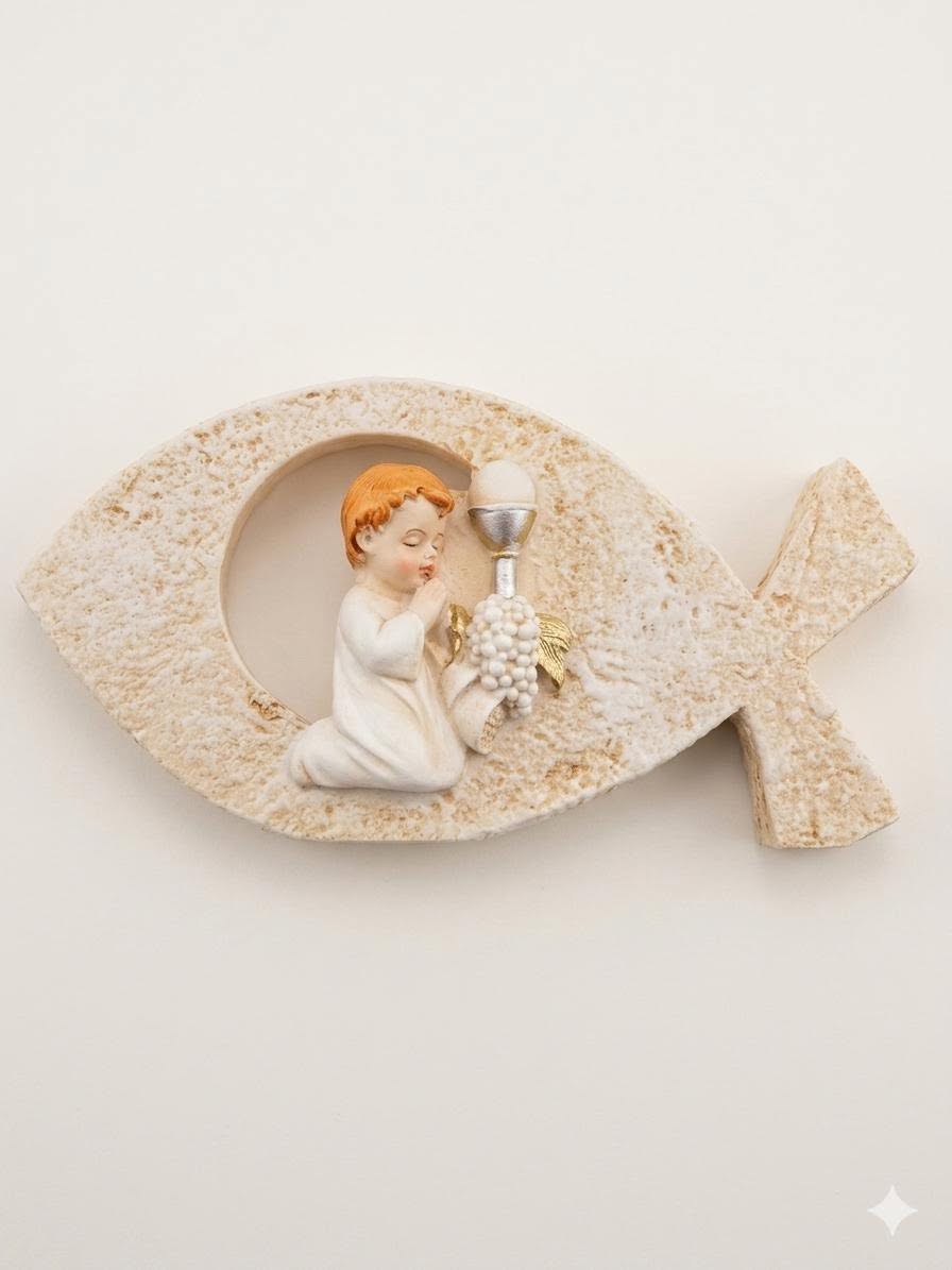 Ichthys Christian Fish First Holy Communion Plaque – Praying Boy & Chalice Motif CMN