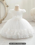 Premium White Toddler Baptism Dress – 3D Floral Waist & Petal Hem Gown BPM