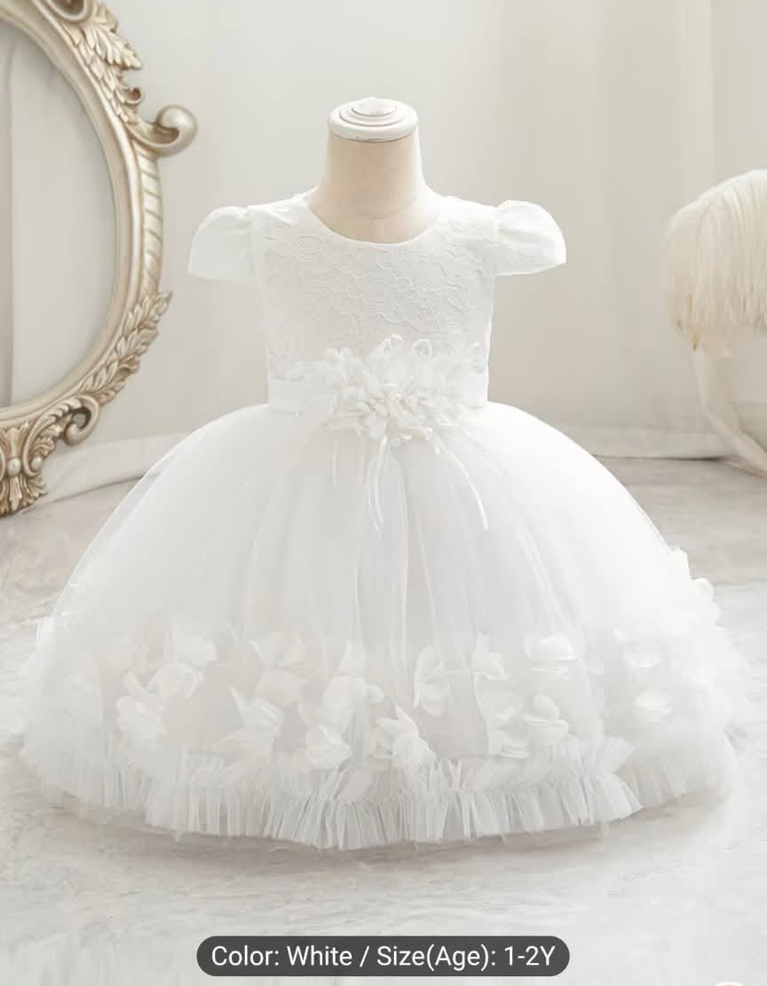 Premium White Toddler Baptism Dress – 3D Floral Waist & Petal Hem Gown BPM