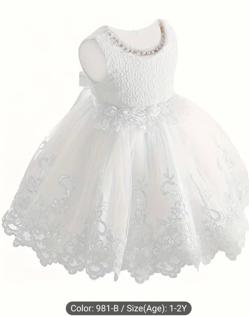 Premium White Toddler Baptism Dress – Pearl Neckline BPM