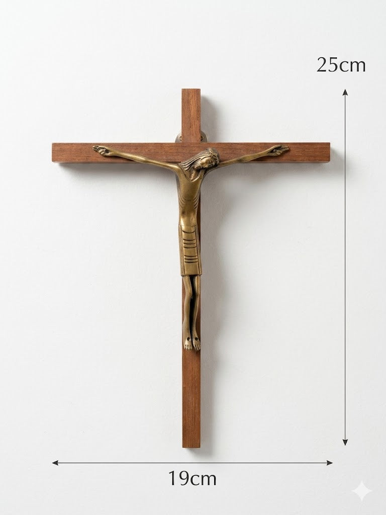 Modern Minimalist Walnut Wood Cross with Brass Tone Metal Jesus Figure CRS