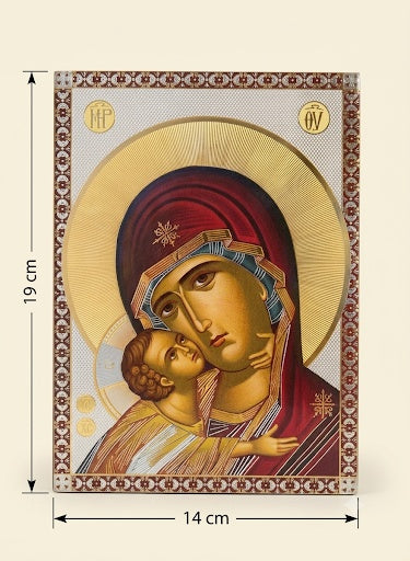 Virgin Mary and Child Jesus Greek Orthodox Wooden Icon Plaque - Gold Foil Finish ICN