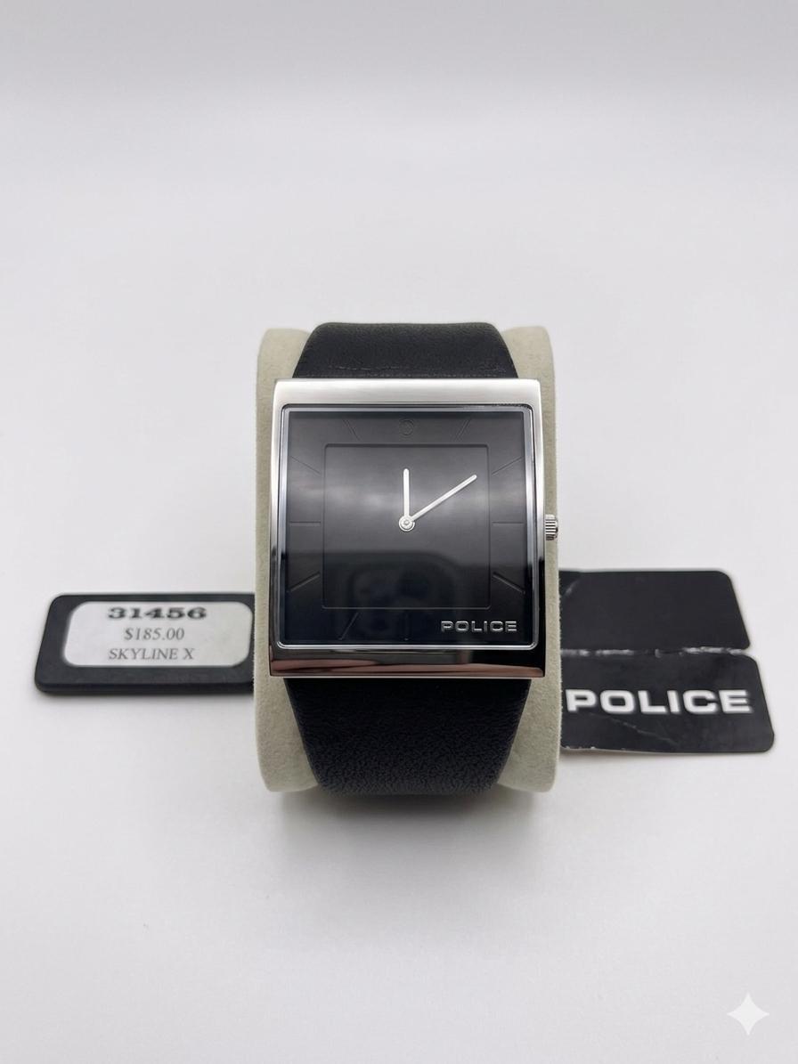 Police "Skyline X" Men's Minimalist Watch – Square Stainless Steel Case with Black Leather Strap WCH