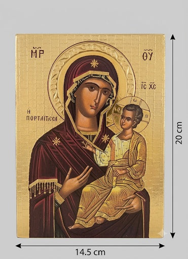 Classic Greek Style Virgin Mary Portaitissa Wood Icon with Textured Gold Backdrop ICN