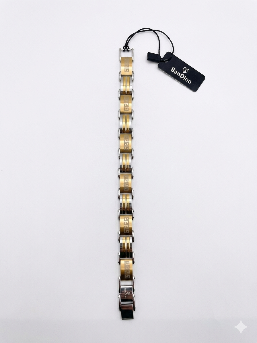 SanDino Men's Silver & Gold Greek Key Link Bracelet CNB