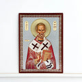 The distinct silver background of this Saint Nicholas icon (8.5 cm X 5.5 cm) ICN