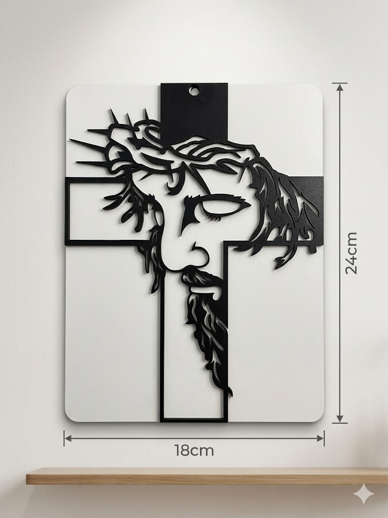 Modern Laser-Cut Face of Christ Wall Plaque - Minimalist Black and White Passion Cross CRS