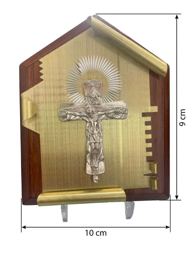 3D Silver Crucifixion Wooden Plaque – Gold Accent House -Shaped Icon ICN
