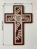 Ornate Laser-Cut Wooden Wall Cross - Two-Tone "Love Never Fails" Olive Branch Art CRS