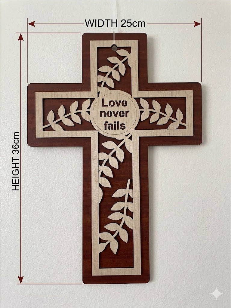 Ornate Laser-Cut Wooden Wall Cross - Two-Tone "Love Never Fails" Olive Branch Art CRS