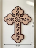 Ornate Laser-Cut Wooden Wall Cross - Two-Tone Grapevine and Coptic Motif Art CRS
