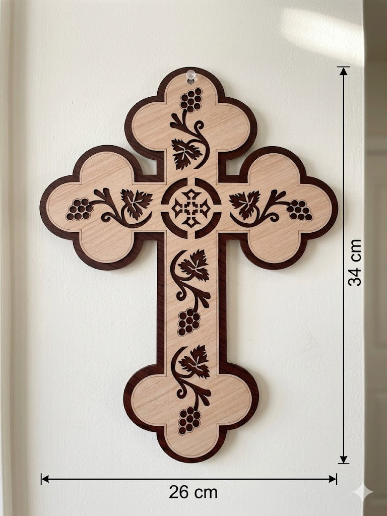 Ornate Laser-Cut Wooden Wall Cross - Two-Tone Grapevine and Coptic Motif Art CRS