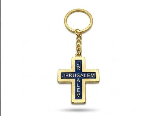 40040 Gold-Tone Jerusalem Metal Keychain – Blue Enamel Inlay Charm