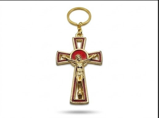 40050 Gold-Tone Red Enamel Crucifix Keychain