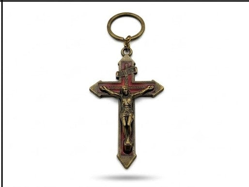 40051 Antique Bronze-Tone Red Enamel Crucifix Keychain