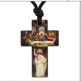 40037 Wooden Last Supper & Risen Christ Cross Pendant Necklace – Devotional Cord Pendant CNB