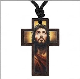 Dark Wood Crown of Thorns Portrait Pendant Necklace – Devotional Cord Pendant CNB