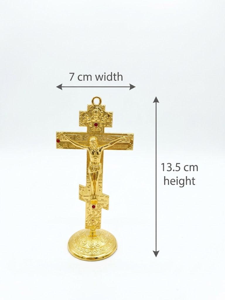 Gold Orthodox Standing Crucifix with Gemstone Accents (13.5 cm x 7 cm) CRS