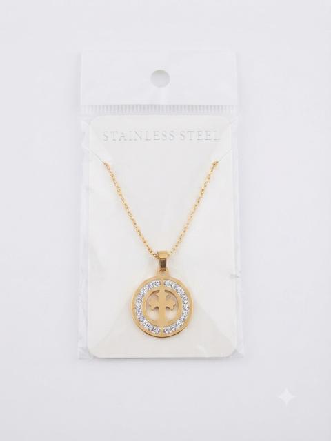 40012 Gold Stainless Steel Circular Crystal Medal Pendant Necklace CNB