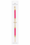 40030 Gold Rhinestone Cross Braided Leather Cord Bracelet CNB
